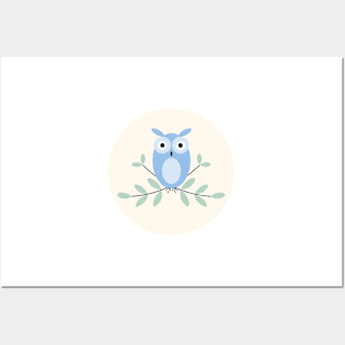 Owl on Yellow and Light Blue Posters and Art